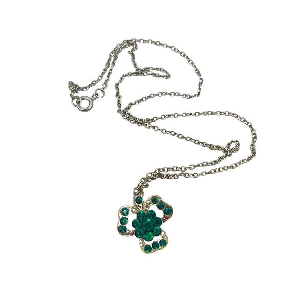 Vintage Four-Leaf Clover Necklace With Green Rhinestones & Silver Chain - Picture 4 of 6